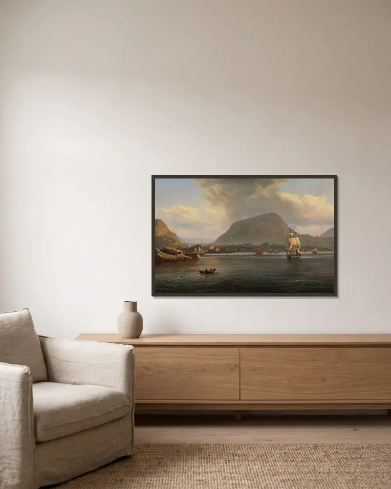 Bergen sedd från Nordfjorden av Johan Christian Dahl inramad på en vägg