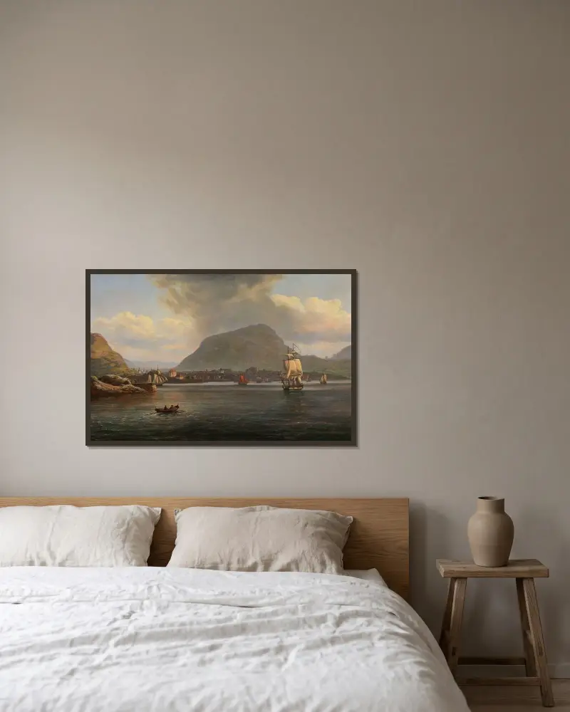 Bergen sedd från Nordfjorden av Johan Christian Dahl inramad på en vägg