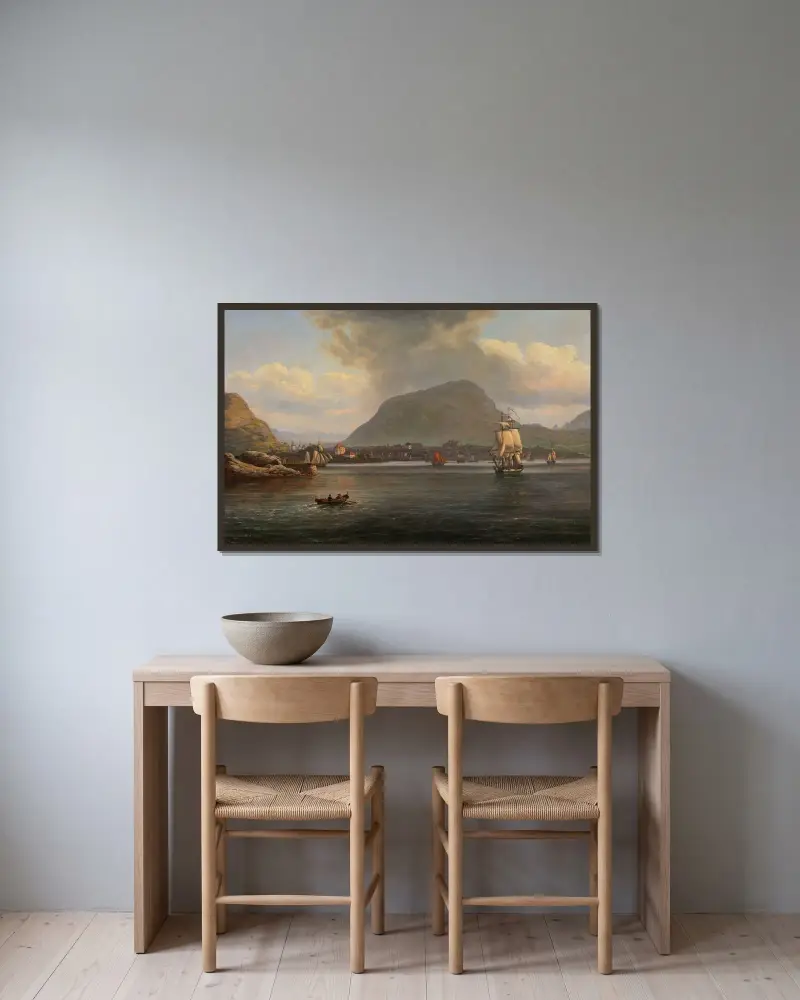 Bergen sedd från Nordfjorden av Johan Christian Dahl inramad på en vägg
