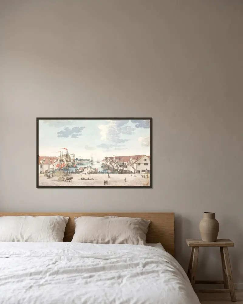 Brygge i Bergen av Johan Christian Dahl inramad på en vägg