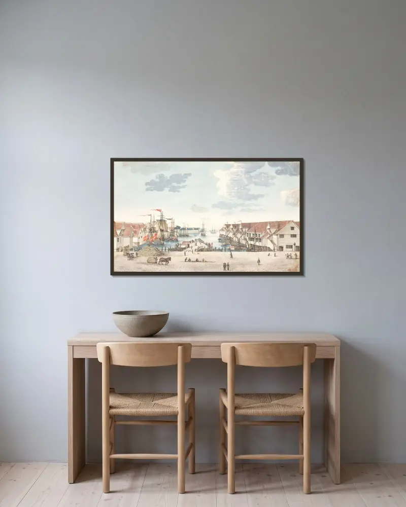 Brygge i Bergen av Johan Christian Dahl inramad på en vägg