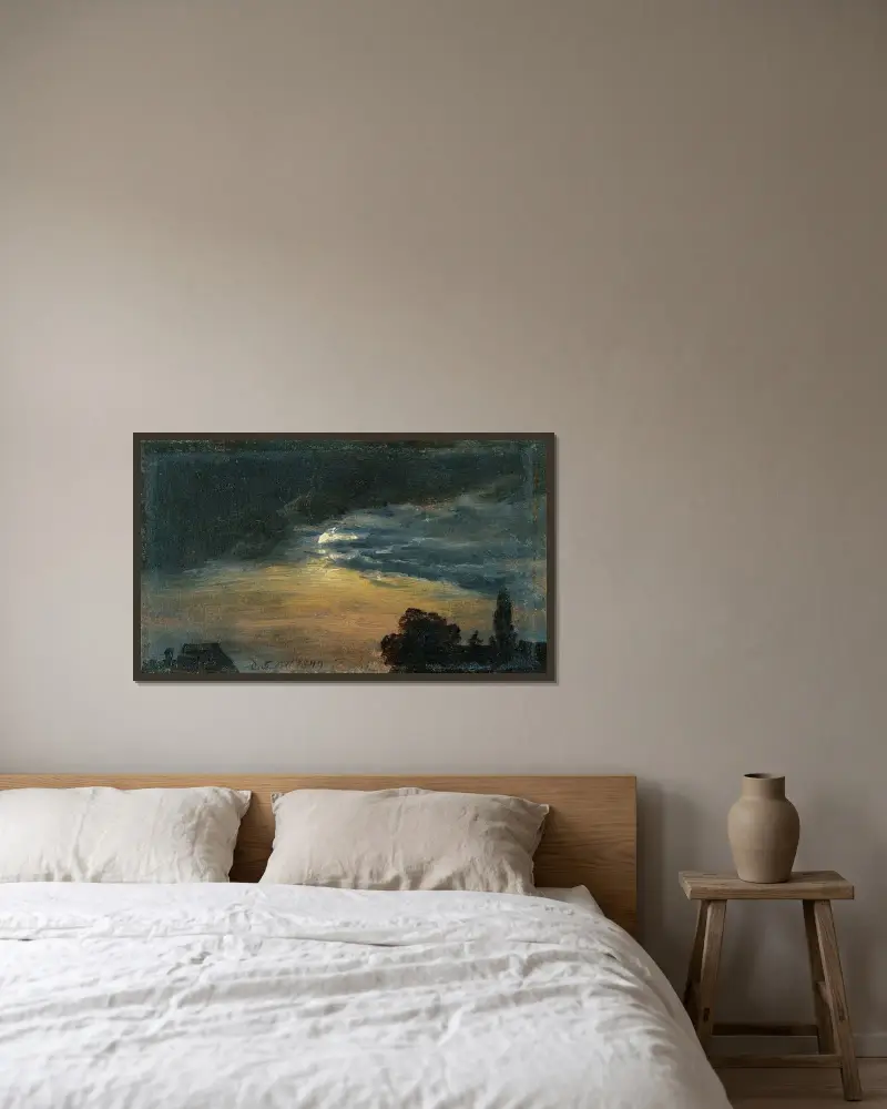 Moln i månsken av Johan Christian Dahl inramad på en vägg