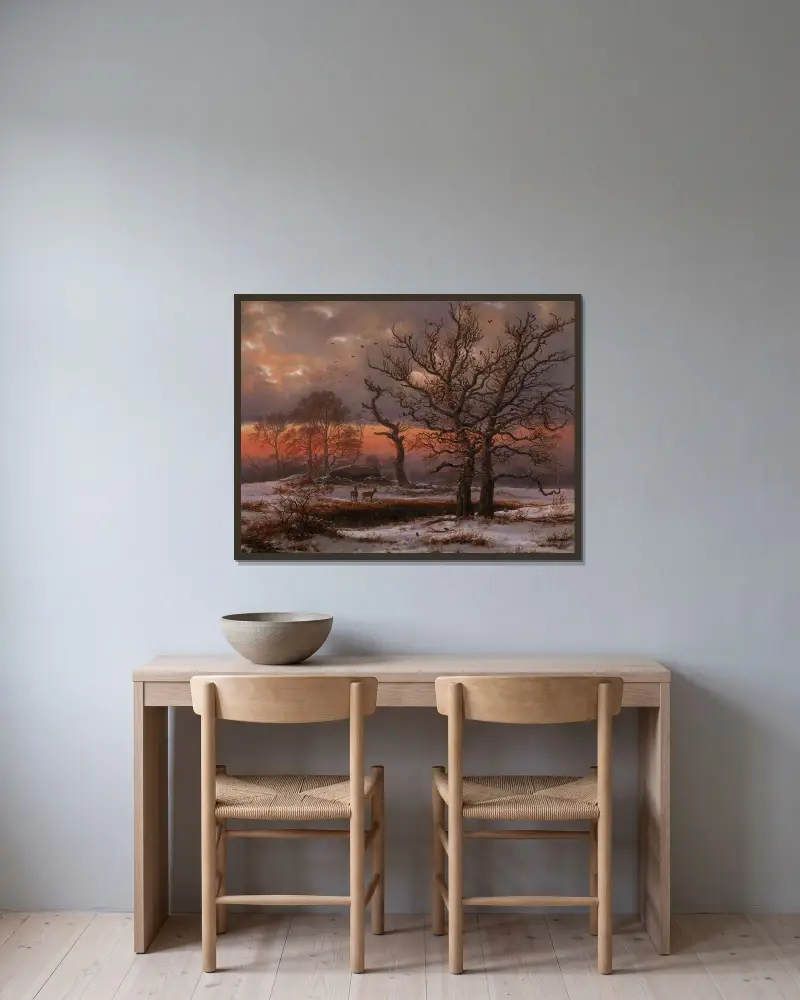Dansk vinterlandskapsvy med dös av Johan Christian Dahl inramad på en vägg