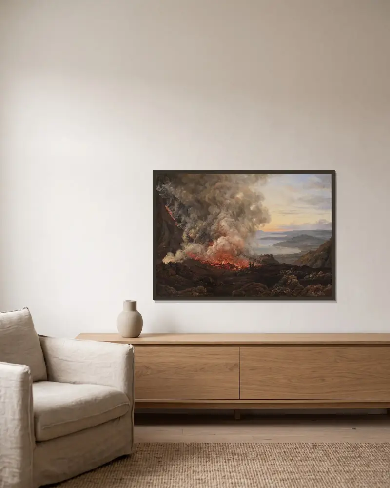 Utbrottet av vulkanen Vesuvius av Johan Christian Dahl inramad på en vägg