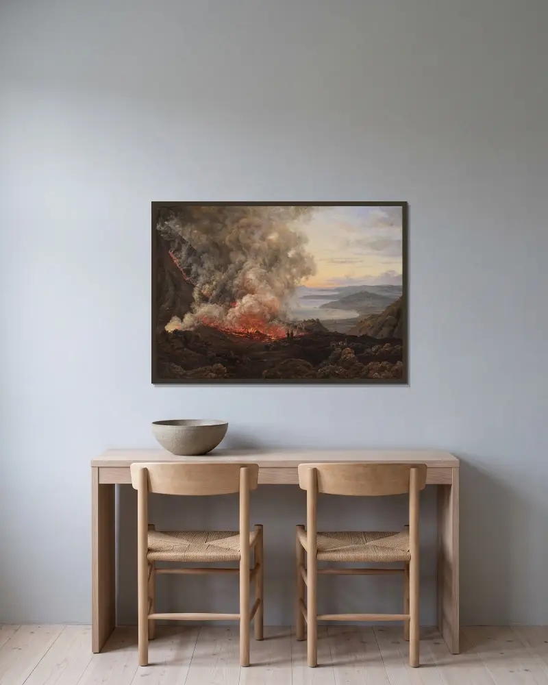 Utbrottet av vulkanen Vesuvius av Johan Christian Dahl inramad på en vägg