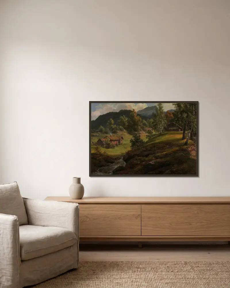 Gård vid Lysekloster av Johan Christian Dahl inramad på en vägg