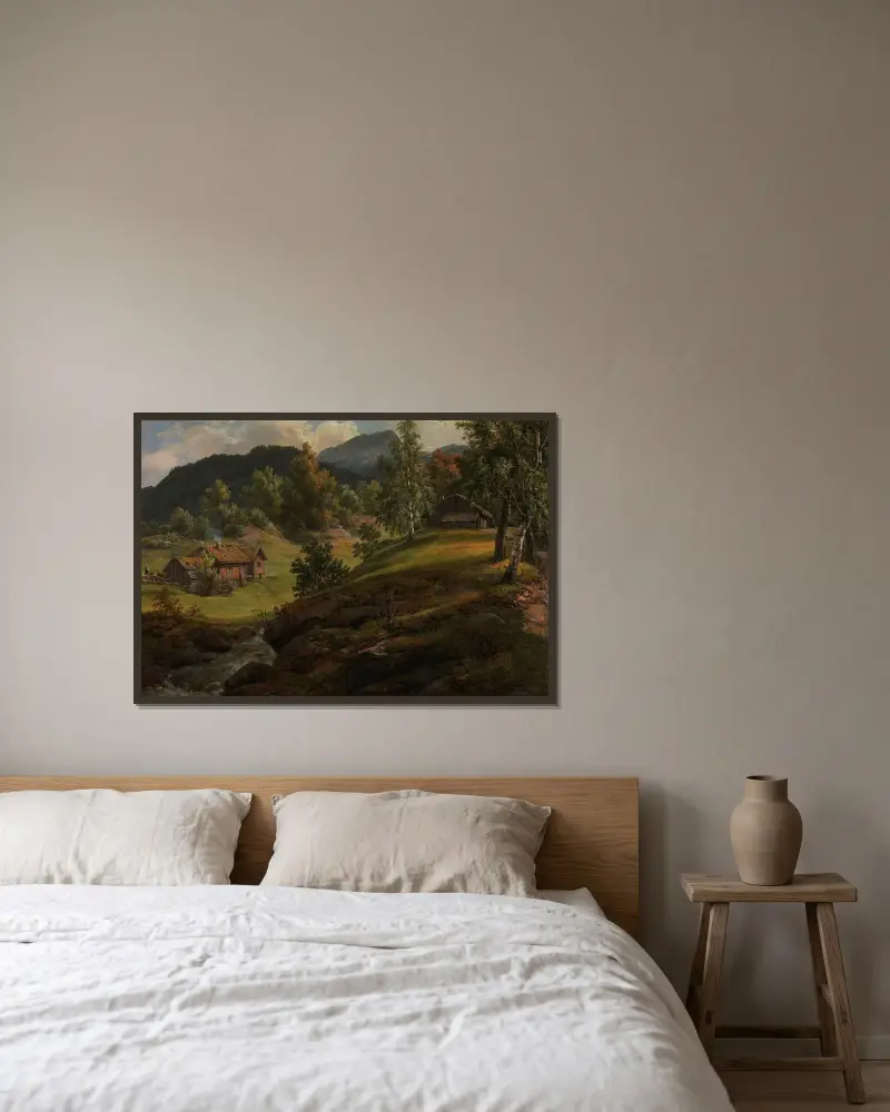 Gård vid Lysekloster av Johan Christian Dahl inramad på en vägg