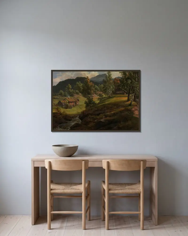 Gård vid Lysekloster av Johan Christian Dahl inramad på en vägg