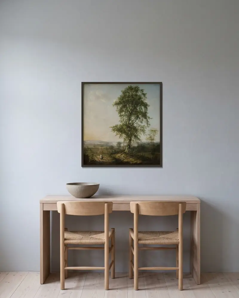 Landskap med ett stort träd av Johan Christian Dahl inramad på en vägg