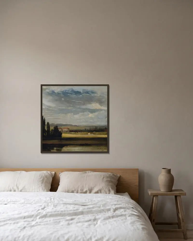Landskapsvy med hög molnhimmel av Johan Christian Dahl inramad på en vägg