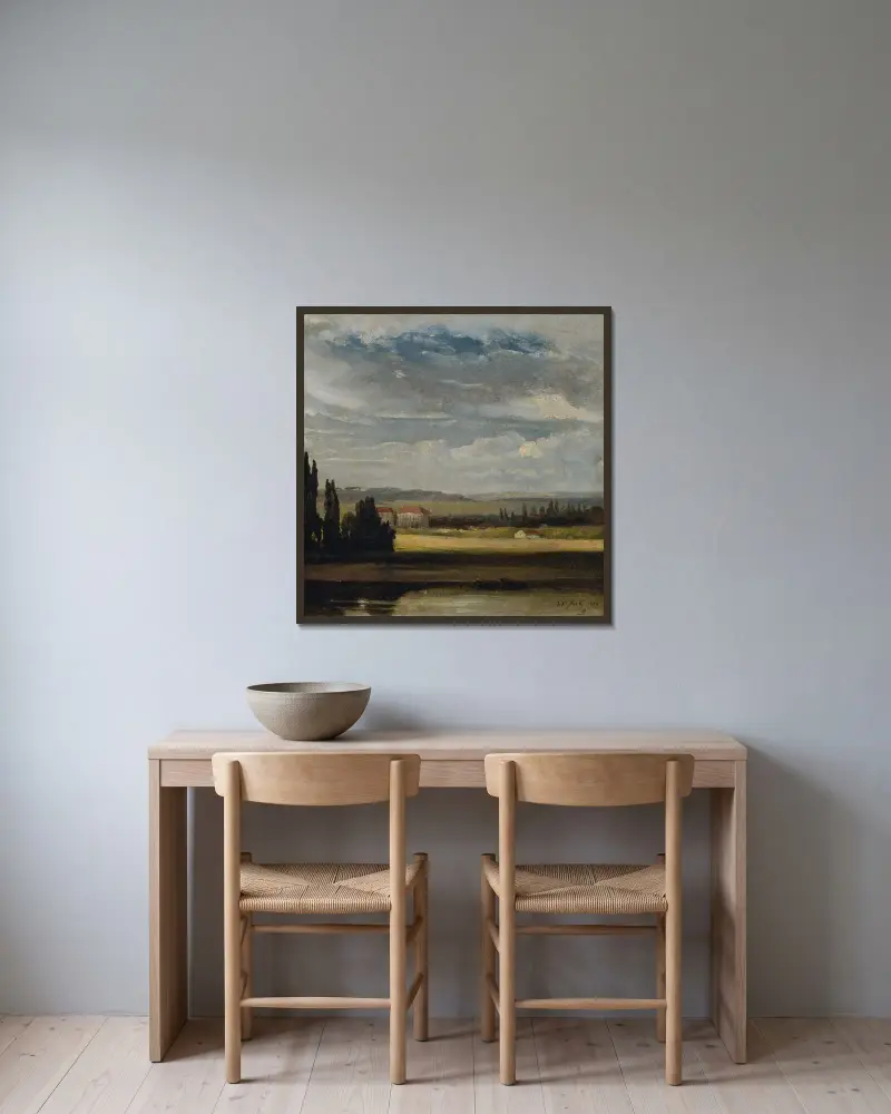Landskapsvy med hög molnhimmel av Johan Christian Dahl inramad på en vägg