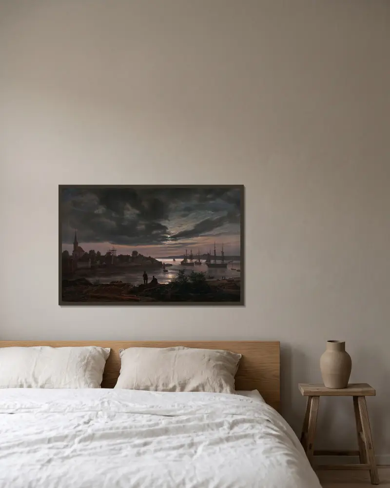 Larvik i månsken av Johan Christian Dahl inramad på en vägg