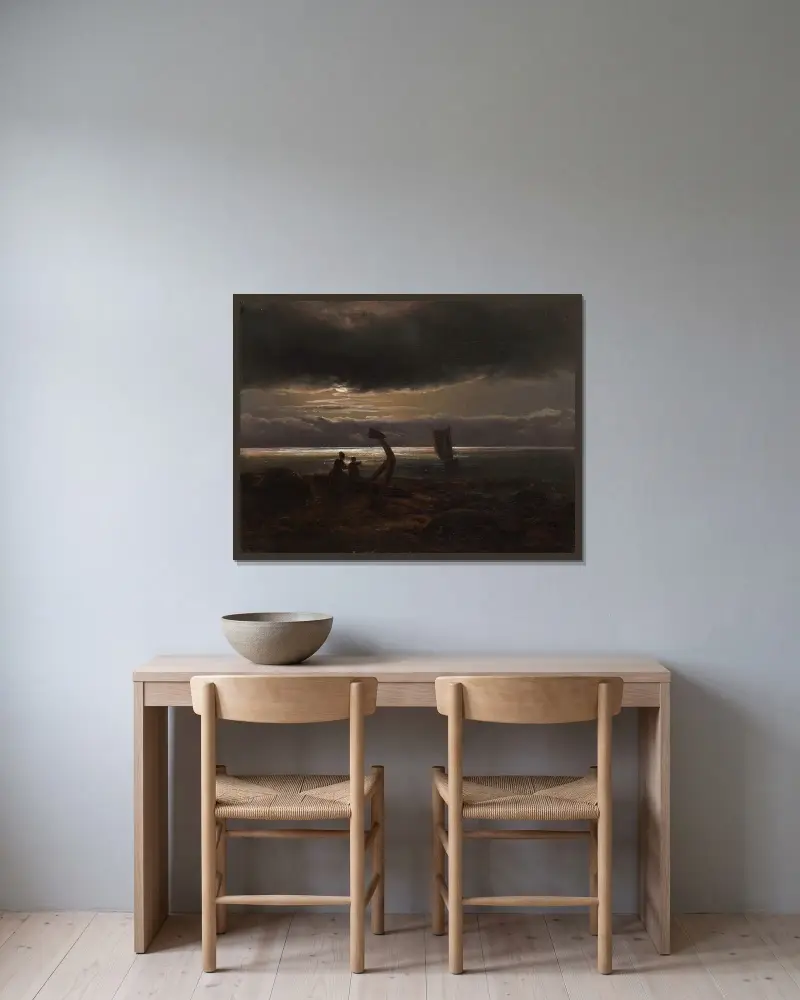Mor och barn vid havet av Johan Christian Dahl inramad på en vägg