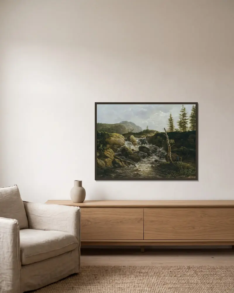 Bergslandskap med vattenfall, Norge av Johan Christian Dahl inramad på en vägg
