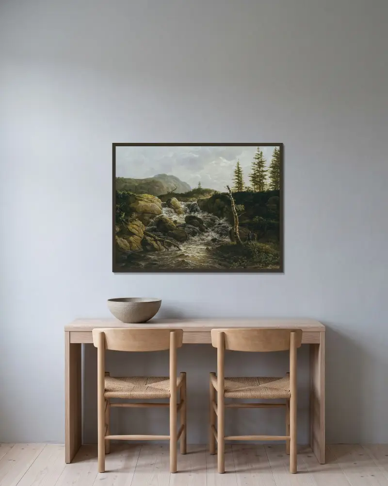 Bergslandskap med vattenfall, Norge av Johan Christian Dahl inramad på en vägg