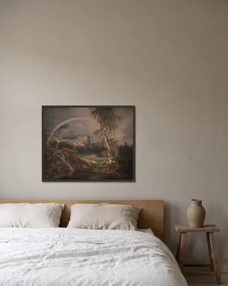 Norskt landskap med regnbåge av Johan Christian Dahl inramad på en vägg