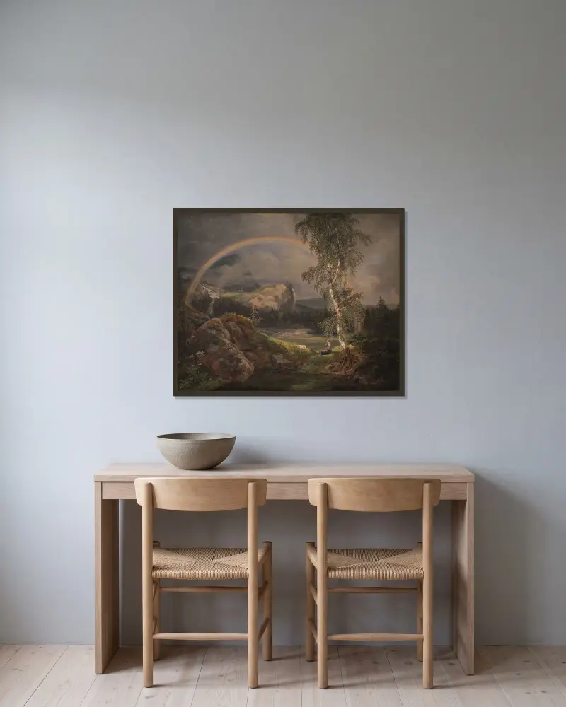 Norskt landskap med regnbåge av Johan Christian Dahl inramad på en vägg