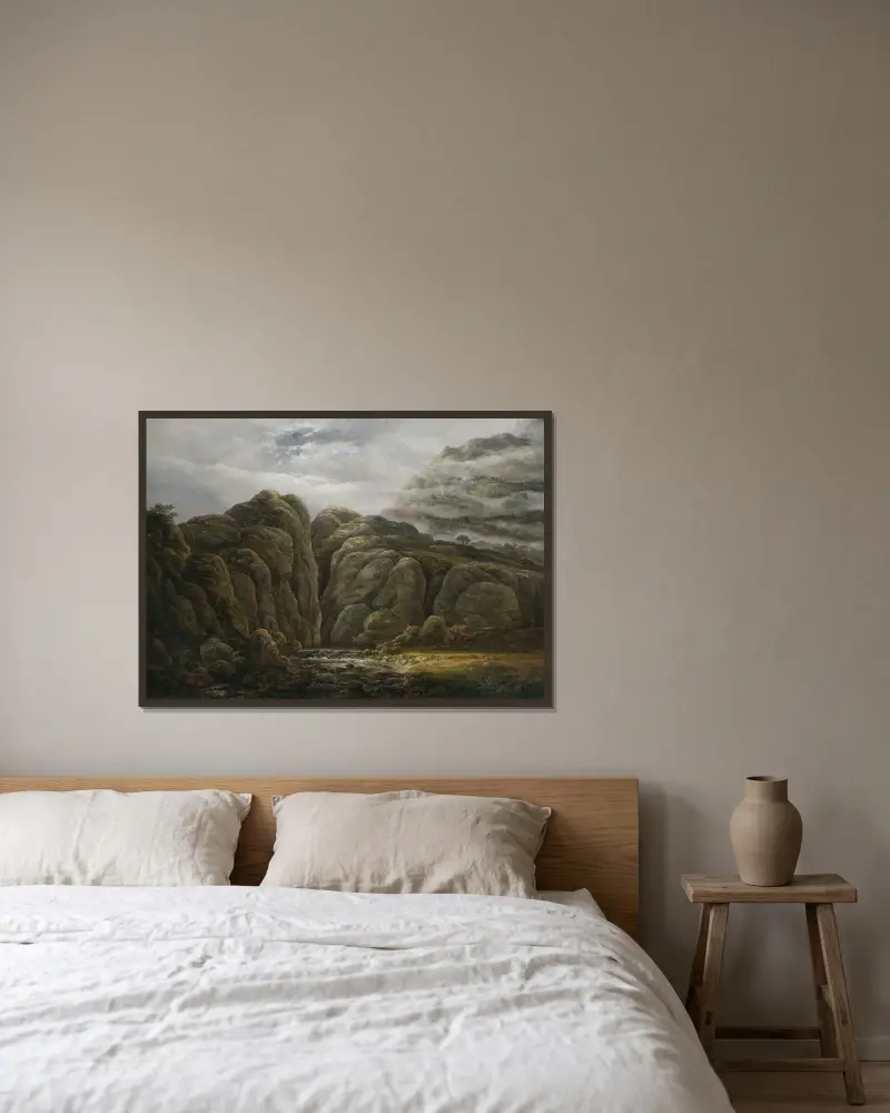 Norskt bergslandskap av Johan Christian Dahl inramad på en vägg