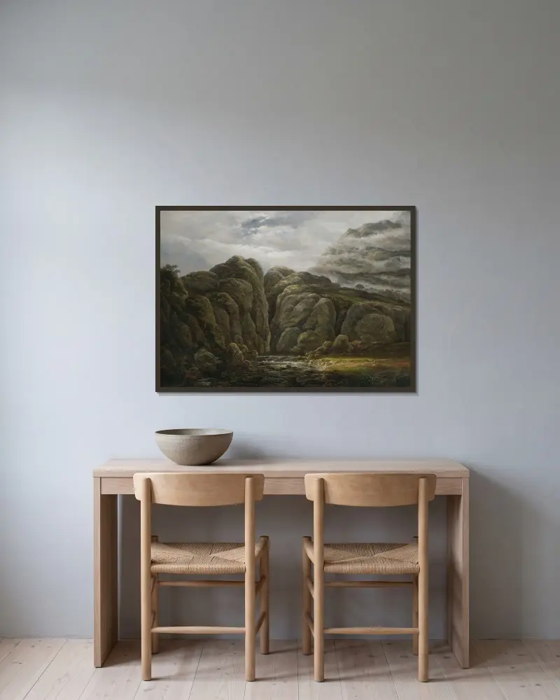 Norskt bergslandskap av Johan Christian Dahl inramad på en vägg