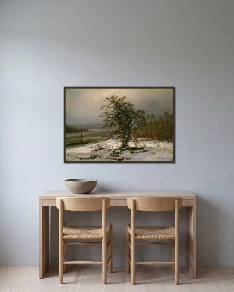 Eken vid Elbe i vinter av Johan Christian Dahl inramad på en vägg