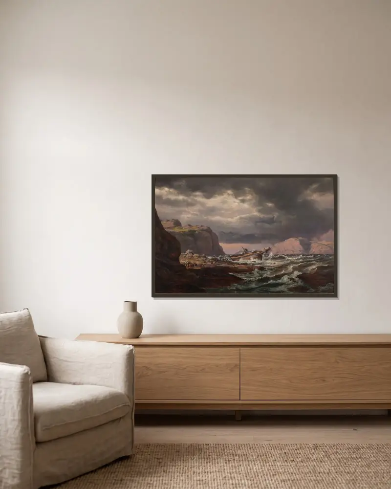 Skeppsbrott på Norges kust av Johan Christian Dahl inramad på en vägg