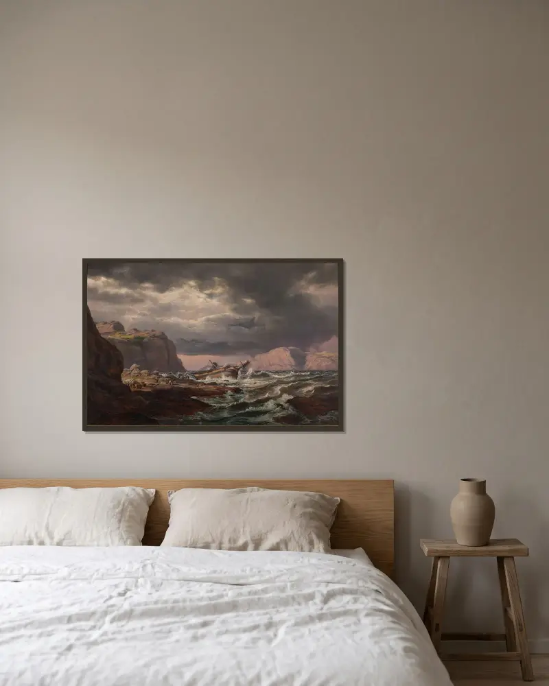 Skeppsbrott på Norges kust av Johan Christian Dahl inramad på en vägg