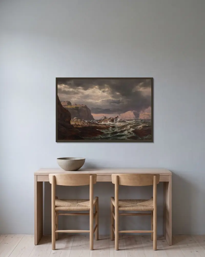 Skeppsbrott på Norges kust av Johan Christian Dahl inramad på en vägg