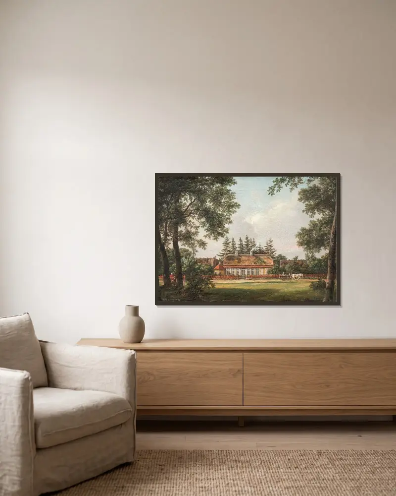 ‘Skovlyst’. Ett skogsbrukarbostad, Hillerød av Johan Christian Dahl inramad på en vägg