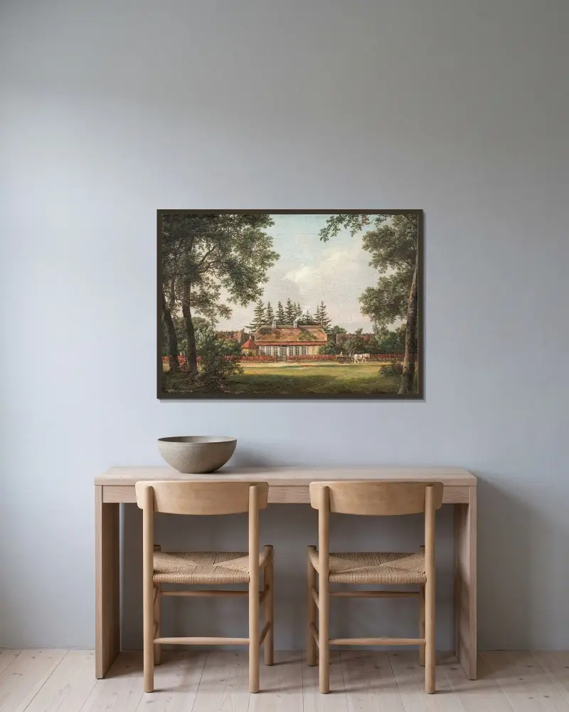 ‘Skovlyst’. Ett skogsbrukarbostad, Hillerød av Johan Christian Dahl inramad på en vägg