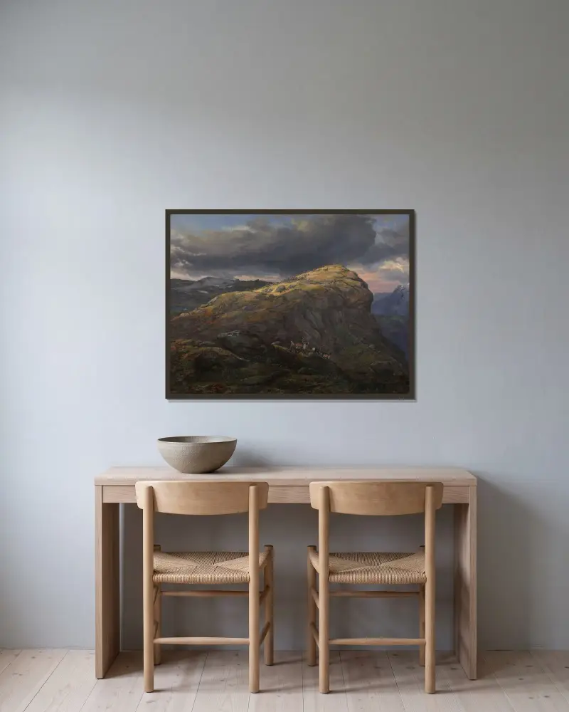 Stugunøset at Filefjell av Johan Christian Dahl inramad på en vägg