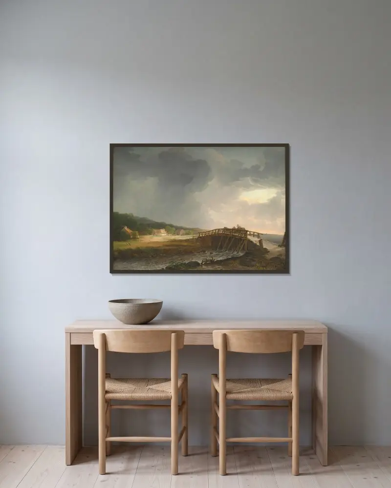 Bron över Tryggevælde å med utsikt mot Køge, Själland av Johan Christian Dahl inramad på en vägg