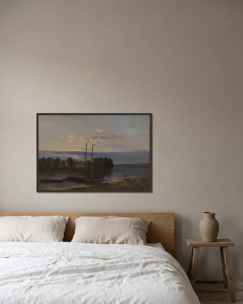 Elbe vid solnedgång av Johan Christian Dahl inramad på en vägg