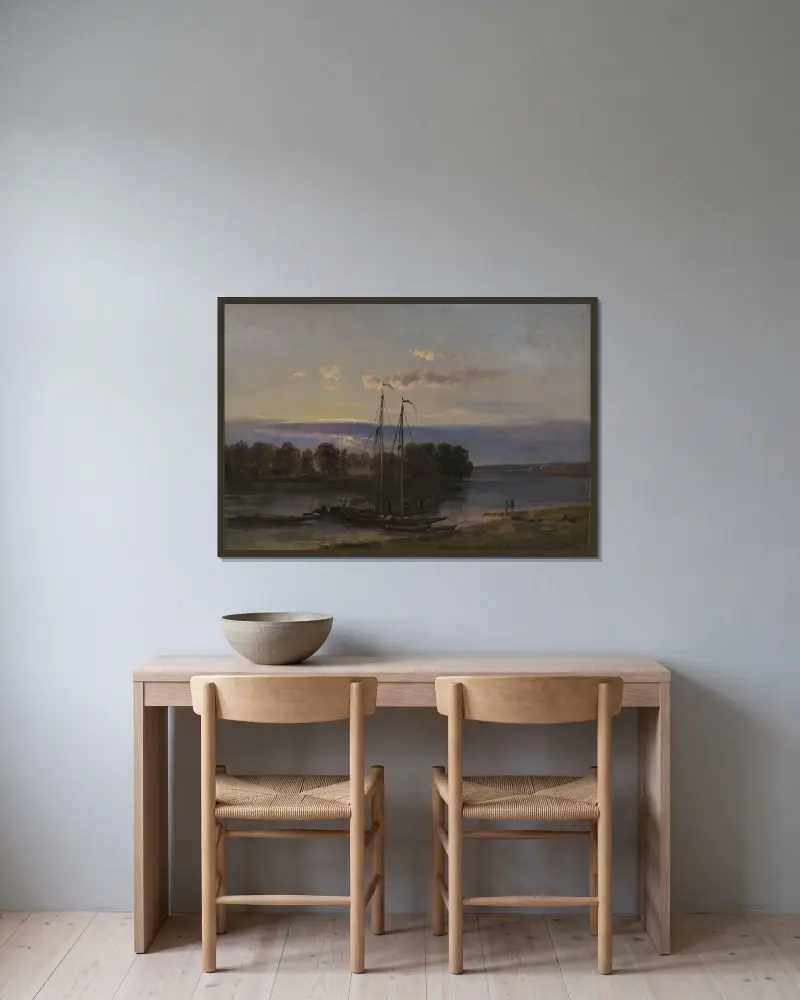 Elbe vid solnedgång av Johan Christian Dahl inramad på en vägg