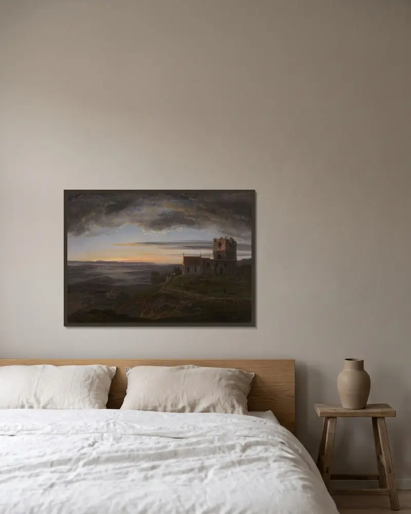Den förfallna kyrkan på Avaldsnes på Karmøy av Johan Christian Dahl inramad på en vägg