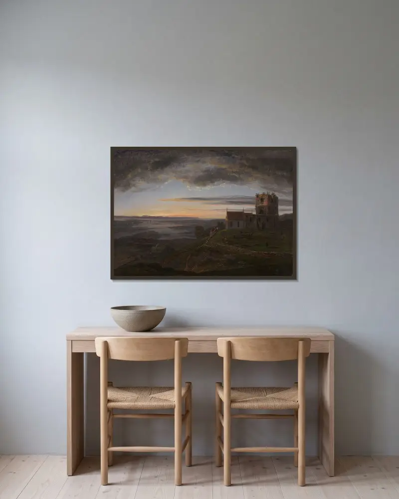 Den förfallna kyrkan på Avaldsnes på Karmøy av Johan Christian Dahl inramad på en vägg