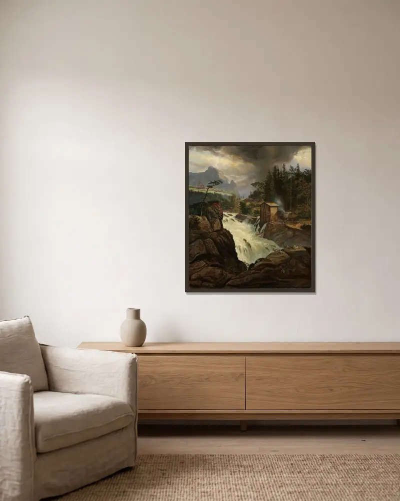 Labrofossens övre fall av Johan Christian Dahl inramad på en vägg