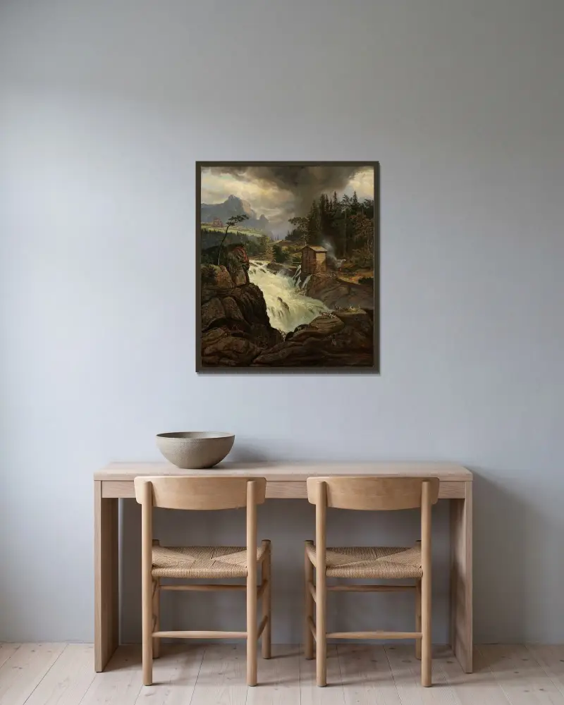 Labrofossens övre fall av Johan Christian Dahl inramad på en vägg