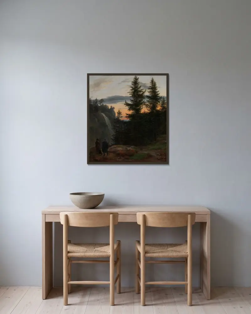 Två män framför ett vattenfall vid solnedgång av Johan Christian Dahl inramad på en vägg