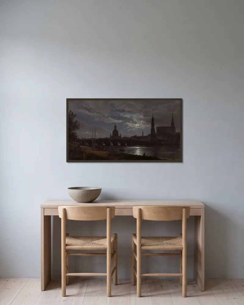 Utsikt över Dresden i månsken av Johan Christian Dahl inramad på en vägg
