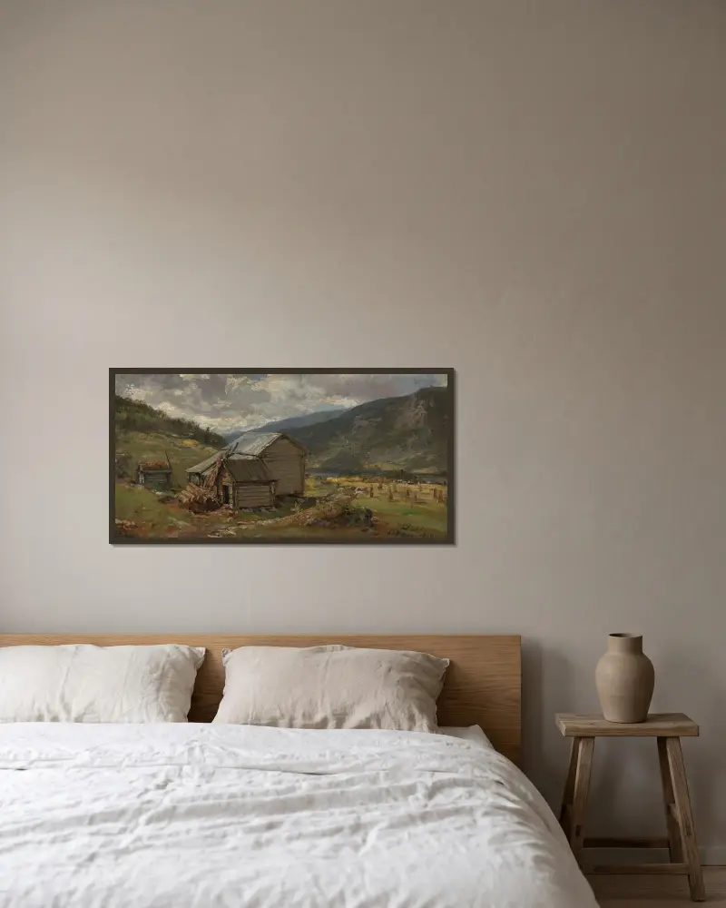 Vy över Hjelle i Valdres av Johan Christian Dahl inramad på en vägg