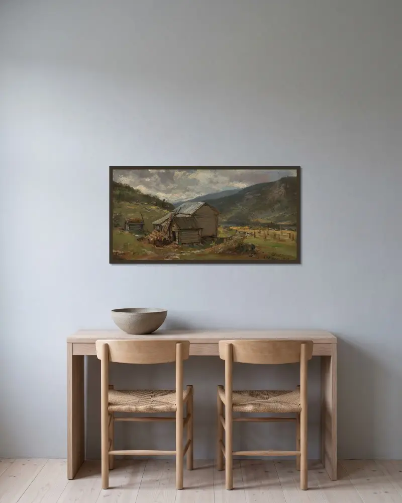 Vy över Hjelle i Valdres av Johan Christian Dahl inramad på en vägg
