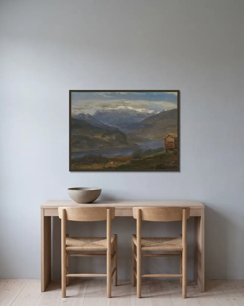 Utsikt över Hjelle i Valdres av Johan Christian Dahl inramad på en vägg
