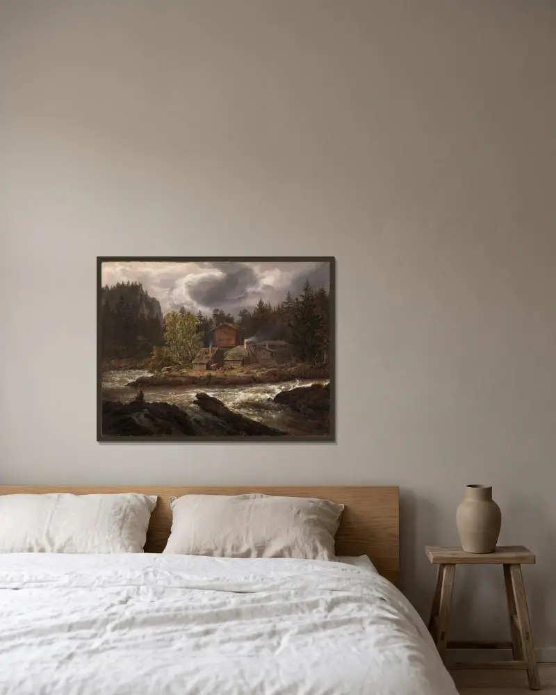 Utsikt över Hønefossen av Johan Christian Dahl inramad på en vägg
