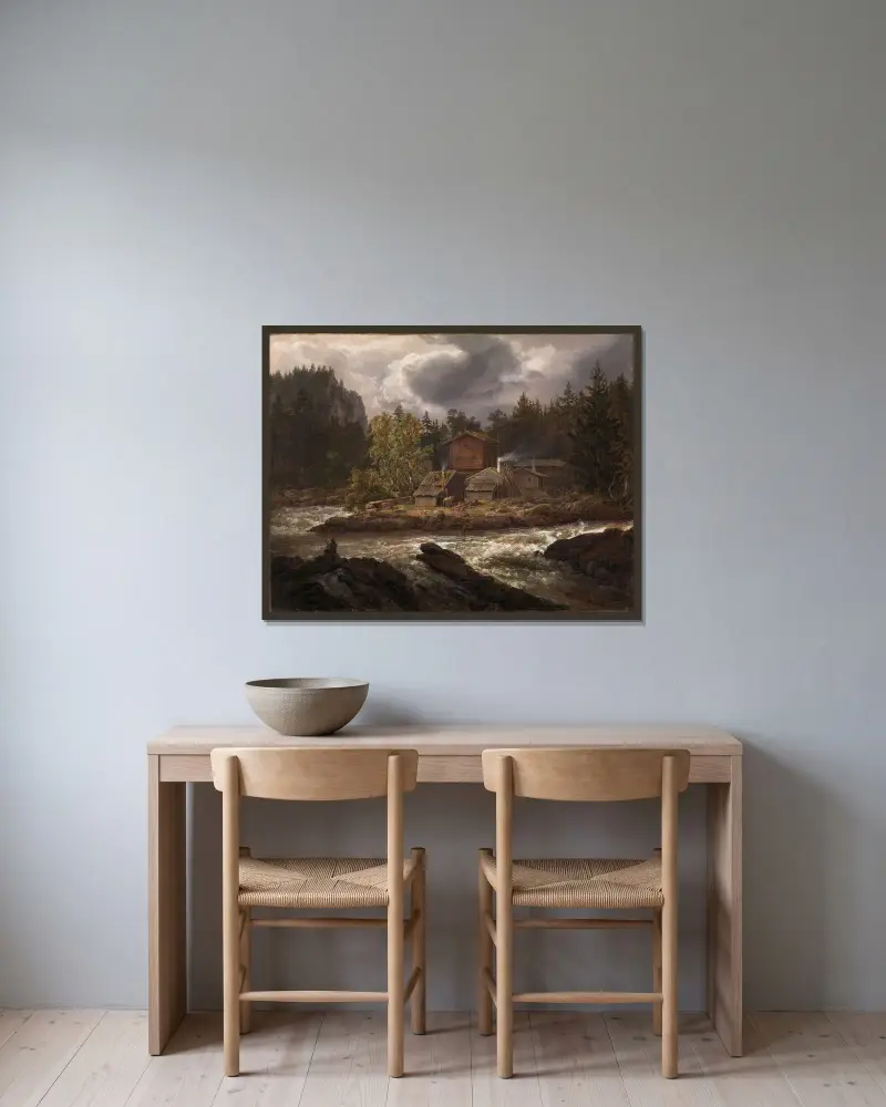 Utsikt över Hønefossen av Johan Christian Dahl inramad på en vägg
