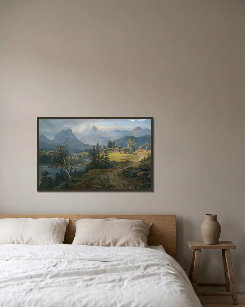 Vy över Øylo gård, Valdres av Johan Christian Dahl inramad på en vägg