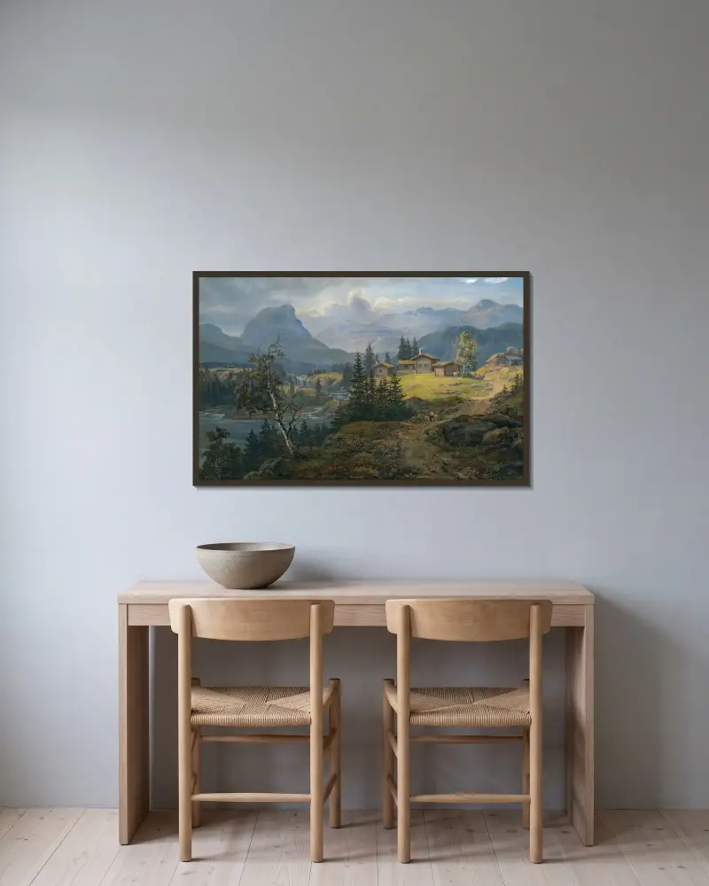 Vy över Øylo gård, Valdres av Johan Christian Dahl inramad på en vägg