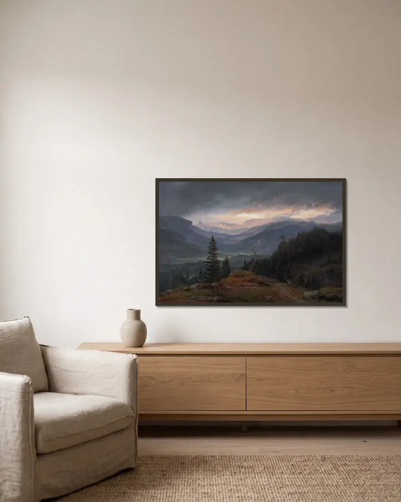 Utsikt över Hallingdal av Johan Christian Dahl inramad på en vägg