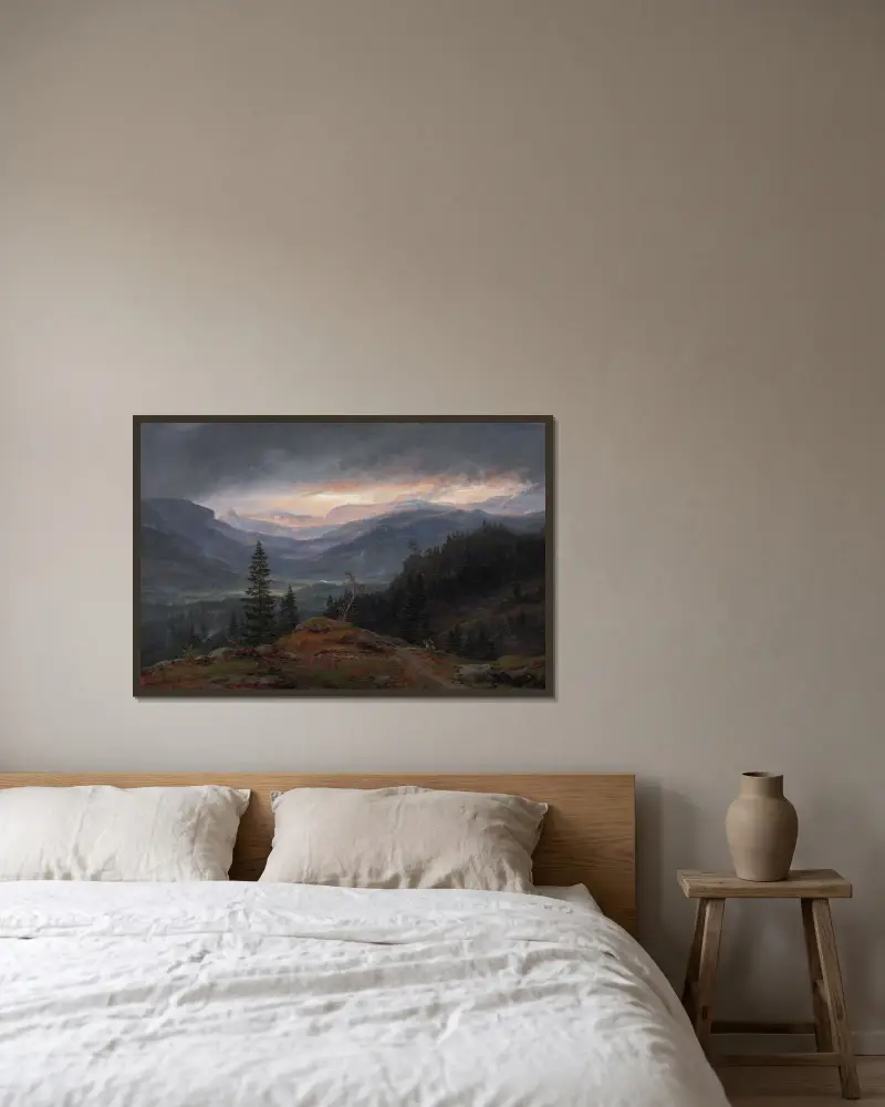 Utsikt över Hallingdal av Johan Christian Dahl inramad på en vägg