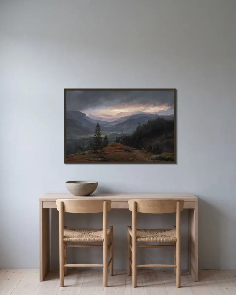 Utsikt över Hallingdal av Johan Christian Dahl inramad på en vägg