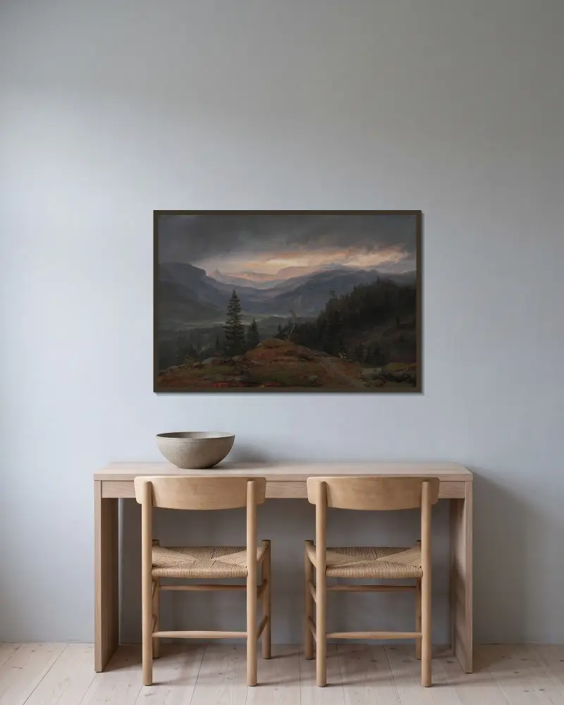 Utsikt över Hallingdal av Johan Christian Dahl inramad på en vägg